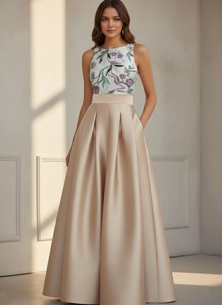 Robe soirée ligne A col rond satin sans manches floral sequins, longueur sol