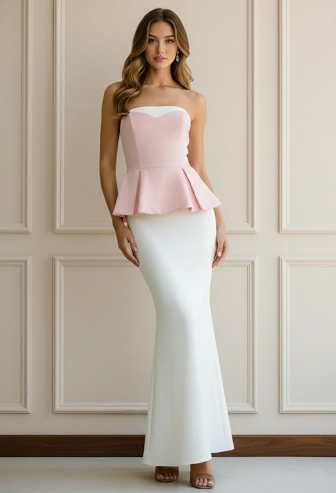 Robe soirée sirène manches tombantes satin stretch sans manches volants, longueur sol