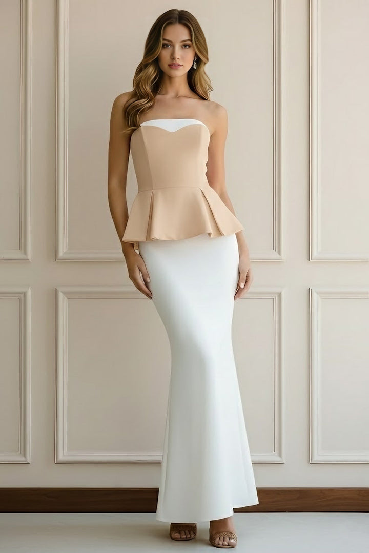 Robe soirée sirène manches tombantes satin stretch sans manches volants, longueur sol