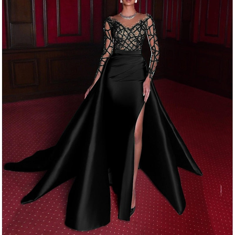 Robe soirée sirène col rond satin manches longues sequins, fente latérale, traîne cour, longueur sol