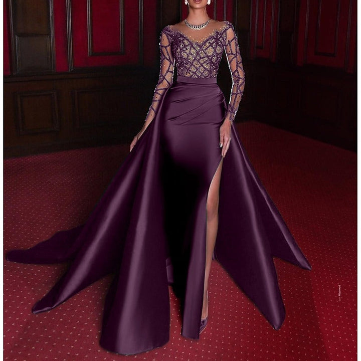 Robe soirée sirène col rond satin manches longues sequins, fente latérale, traîne cour, longueur sol