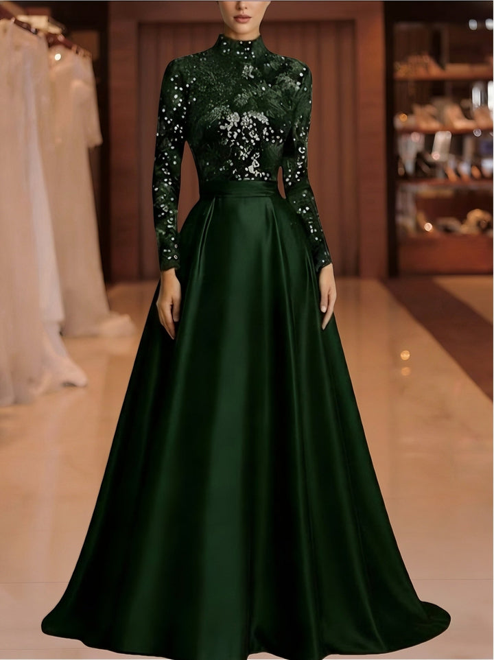 Robe soirée ligne A col haut satin manches longues sequins, longueur sol