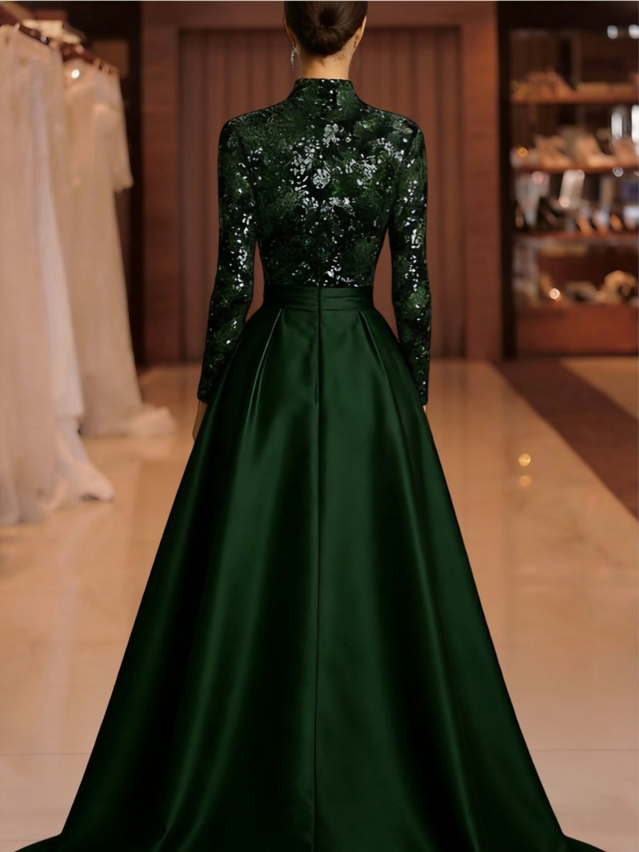 Robe soirée ligne A col haut satin manches longues sequins, longueur sol