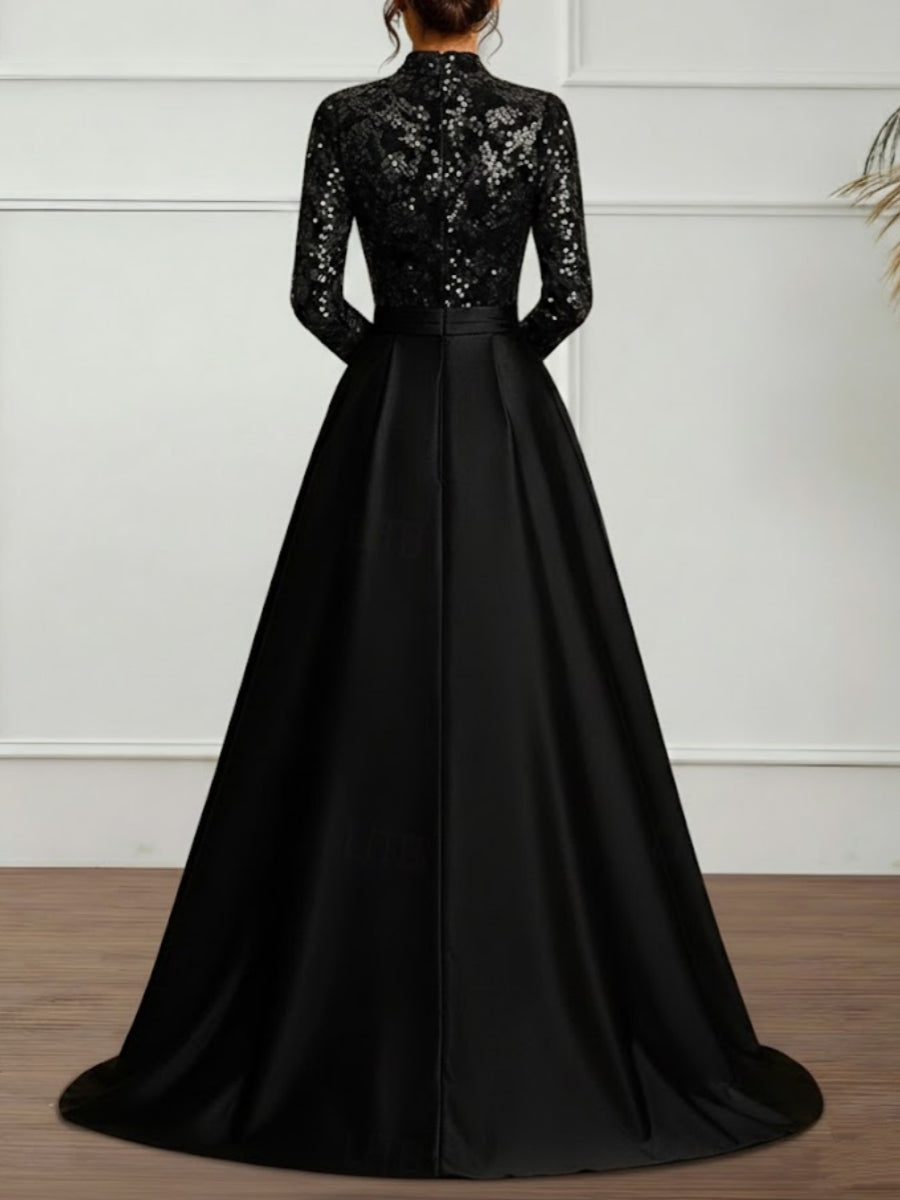 Robe soirée ligne A col haut satin manches longues sequins, longueur sol