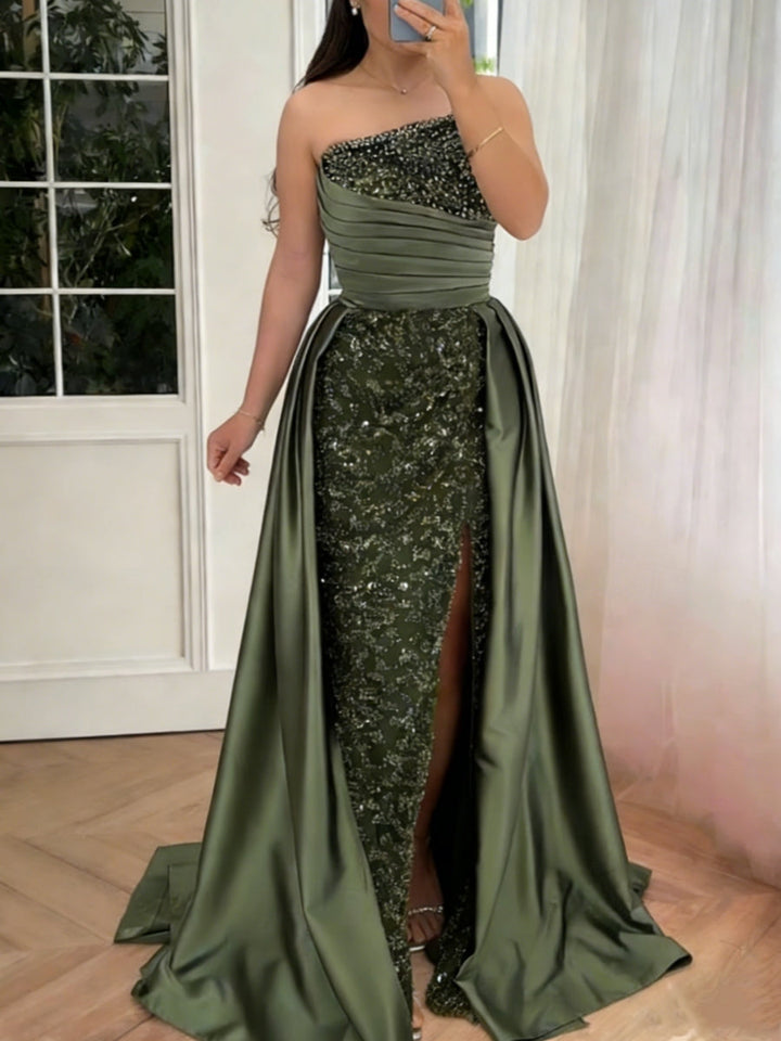 Robe soirée sirène sans bretelles satin sequins sans manches perles, surjupe, longueur sol