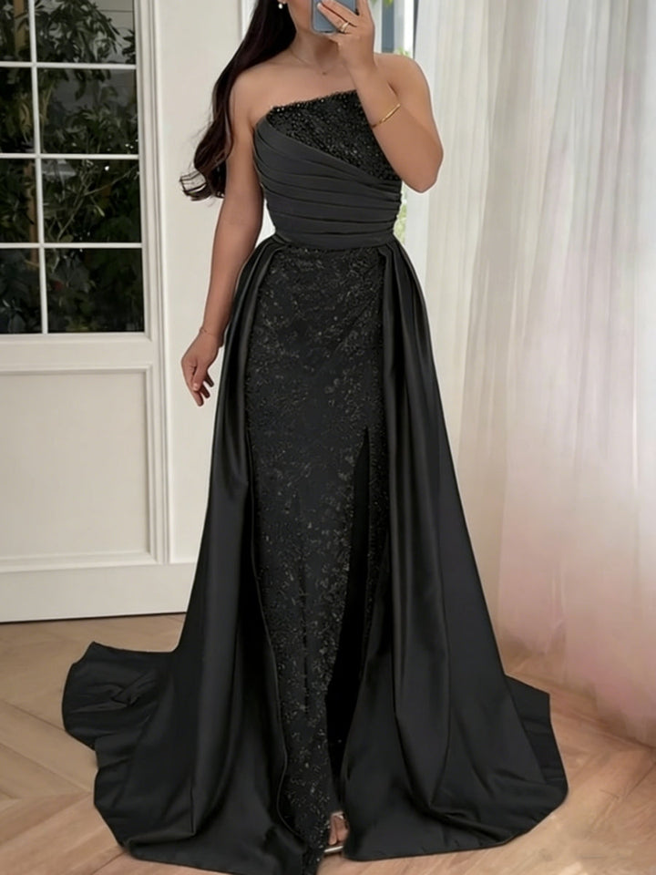 Robe soirée sirène sans bretelles satin sequins sans manches perles, surjupe, longueur sol