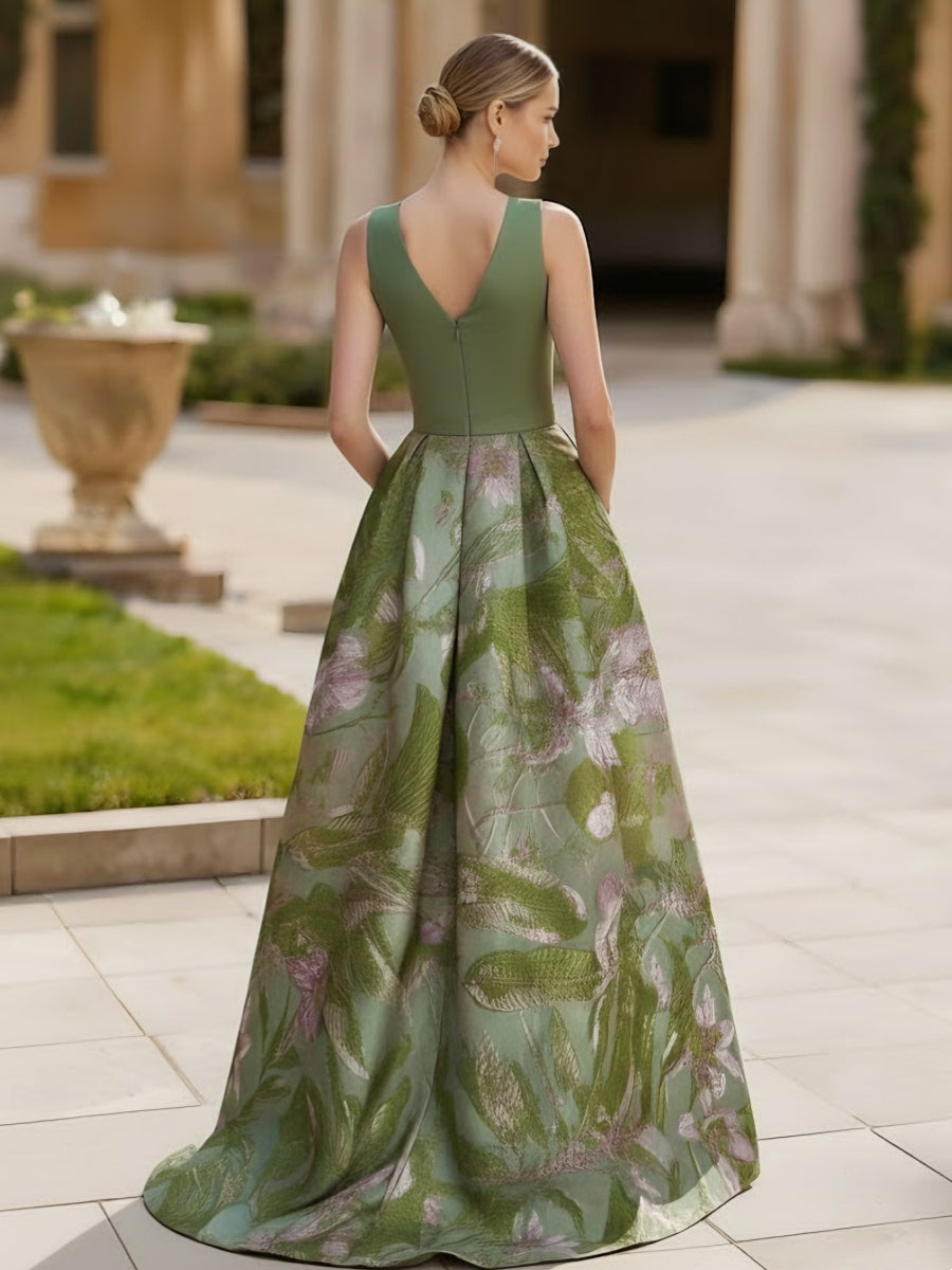 Robe soirée ligne A col V satin sans manches floral, fente latérale, longueur sol