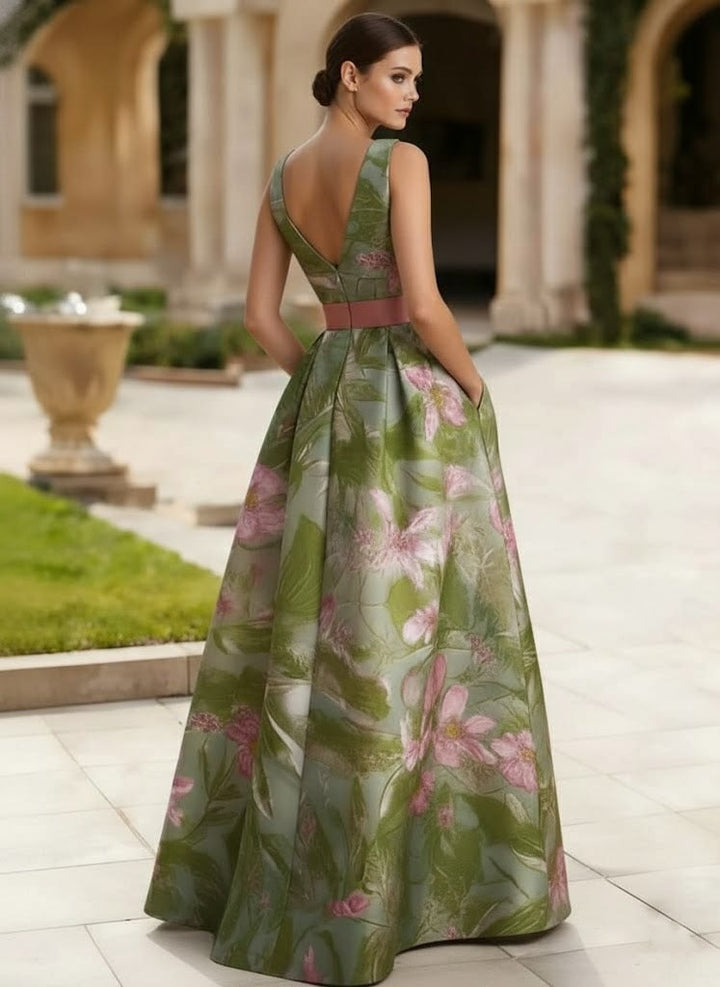 Robe soirée ligne A col V satin sans manches floral nœud, fente latérale, longueur sol
