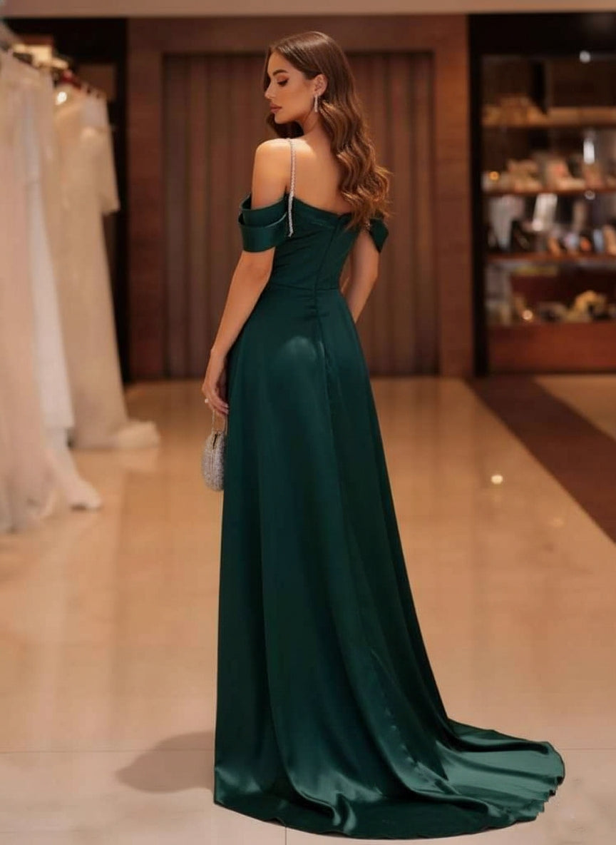 Robe soirée sirène bretelles spaghetti satin soie, fente latérale, sans bretelles, drapé, longueur sol