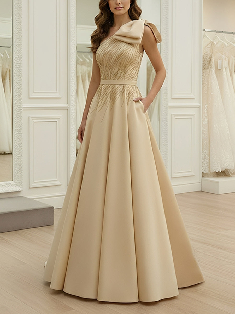 Robe soirée ligne A une épaule satin nœud sans manches sequins, longueur sol