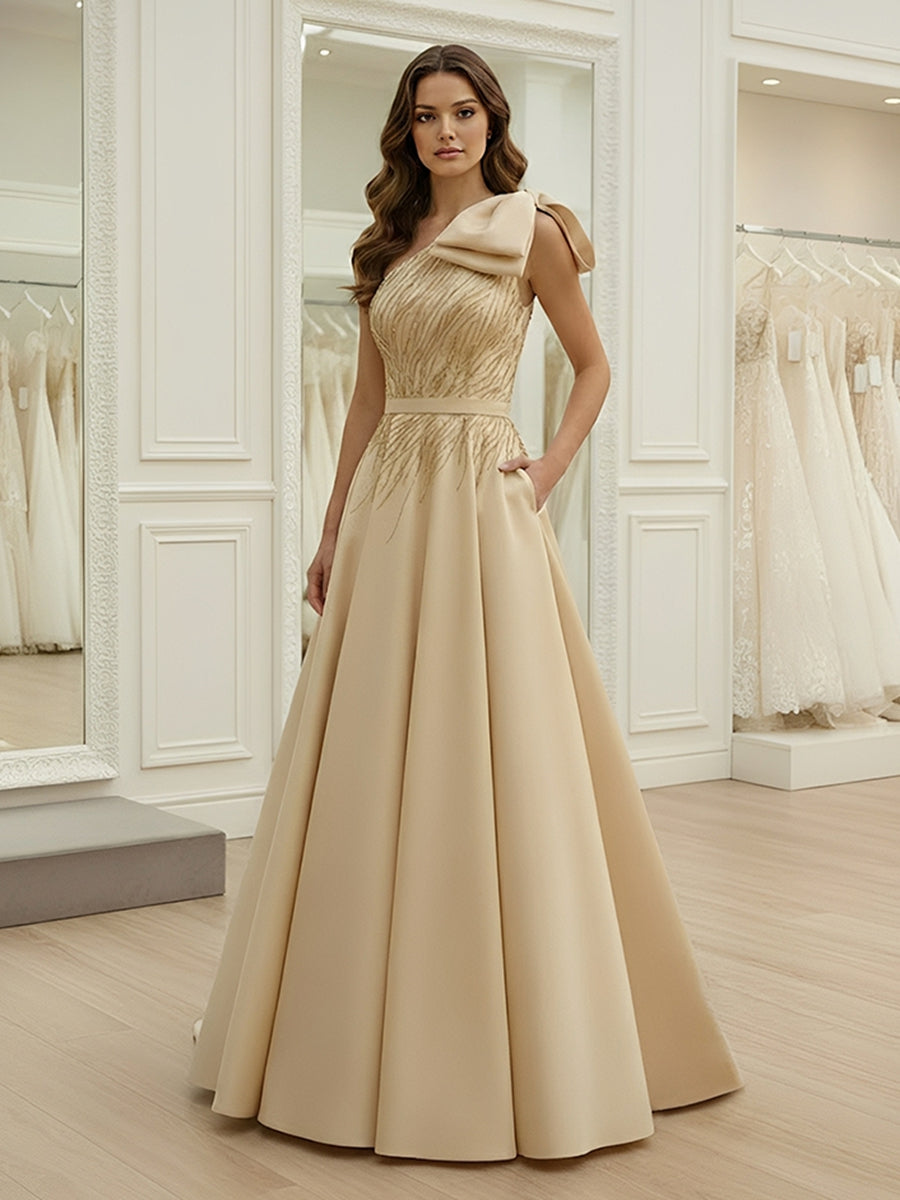 Robe soirée ligne A une épaule satin nœud sans manches sequins, longueur sol