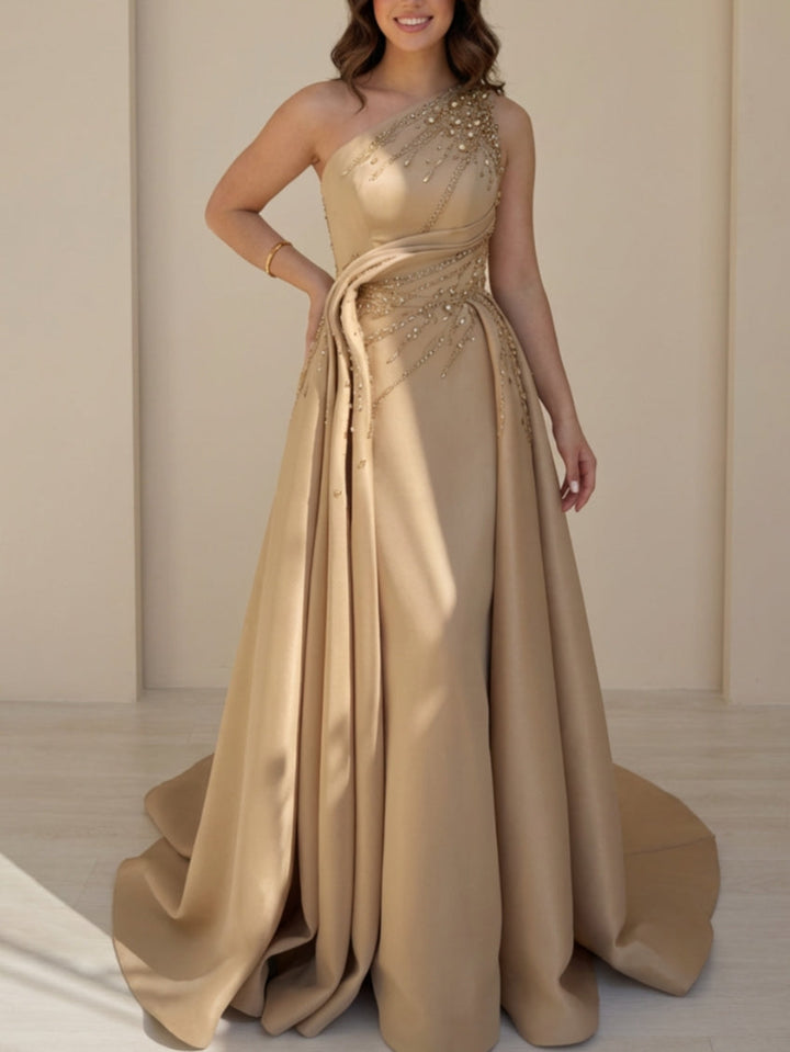 Robe soirée ligne A sans bretelles satin sans manches sequins strass, longueur sol
