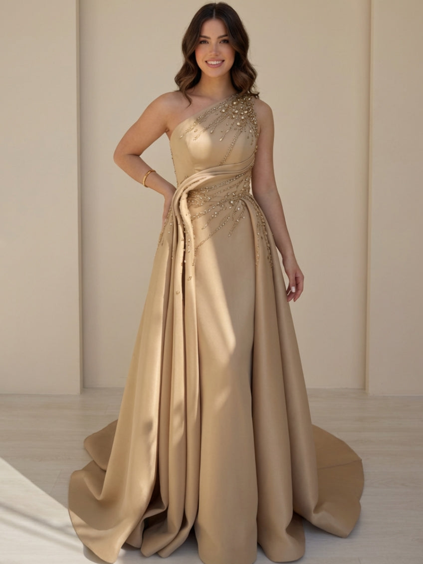 Robe soirée ligne A sans bretelles satin sans manches sequins strass, longueur sol