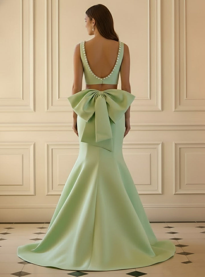 Robe soirée sirène 2 pièces col carré satin nœud sans manches perles, longueur sol