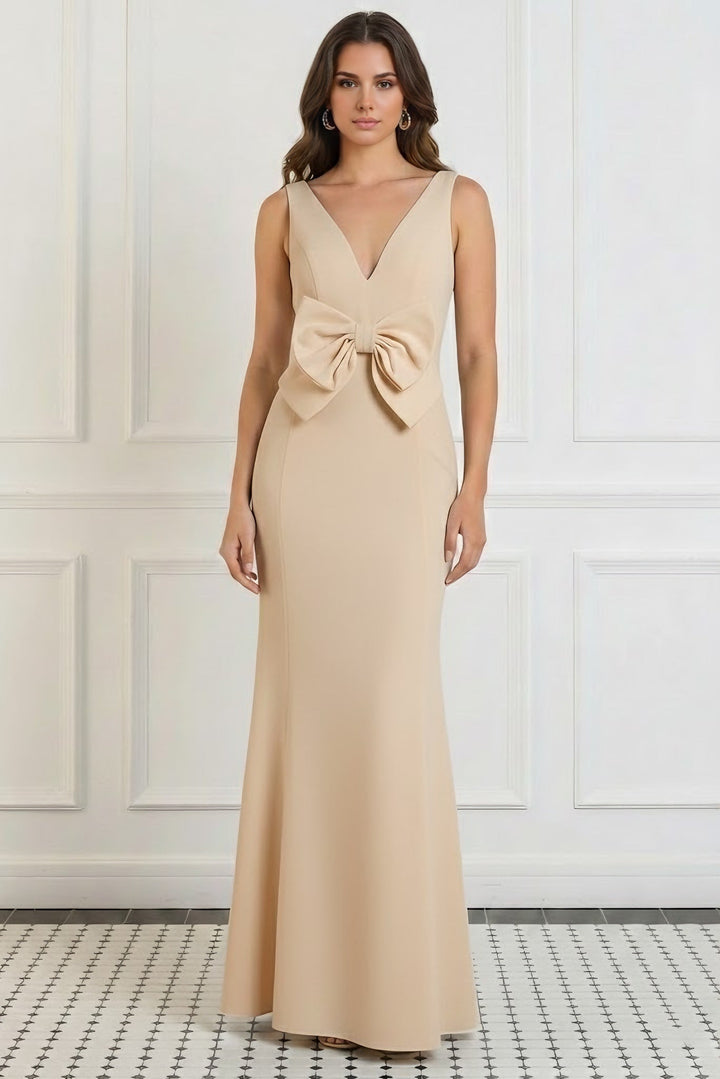 Robe soirée sirène col V satin stretch sans manches nœud, longueur sol