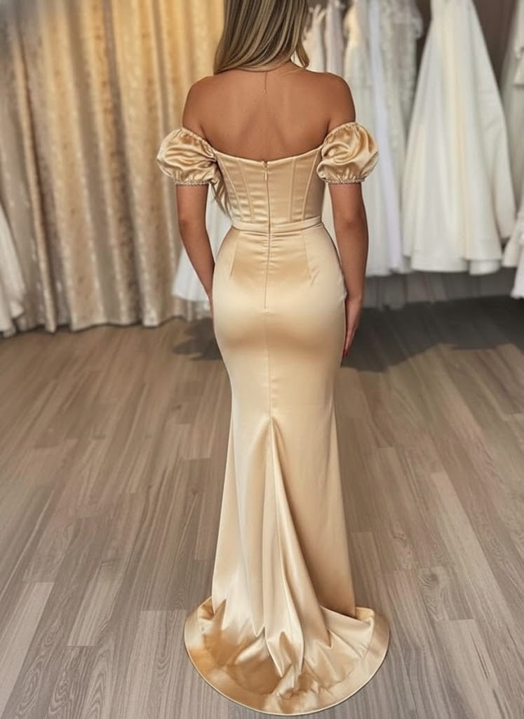 Robe soirée sirène manches tombantes satin soie manches courtes drapé, longueur sol