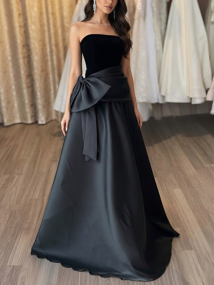 Robe soirée ligne A manches tombantes satin velours sans manches nœud, longueur sol