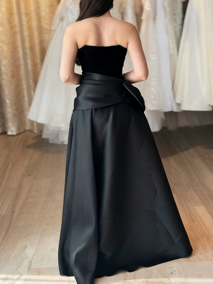 Robe soirée ligne A manches tombantes satin velours sans manches nœud, longueur sol