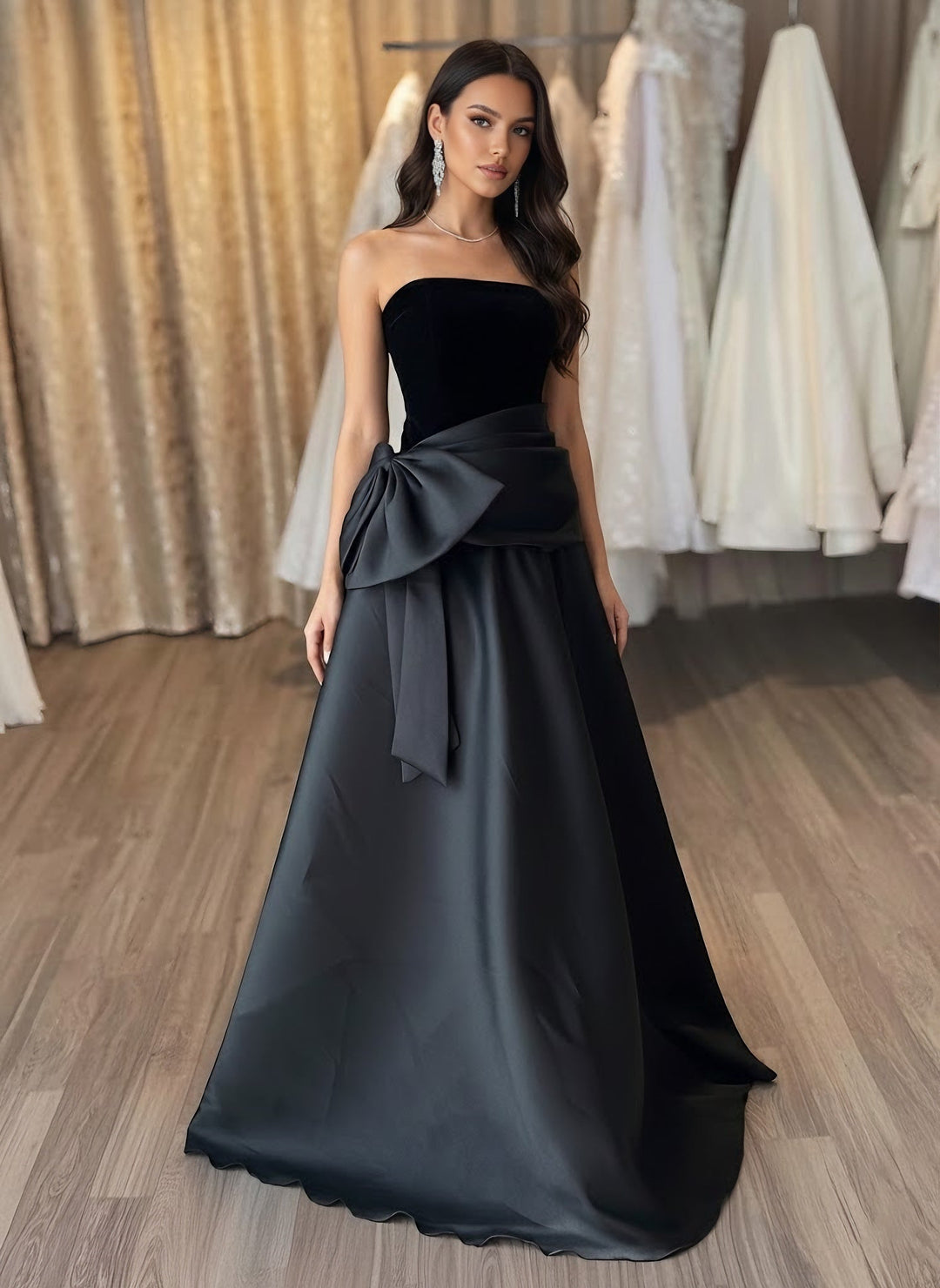Robe soirée ligne A manches tombantes satin velours sans manches nœud, longueur sol