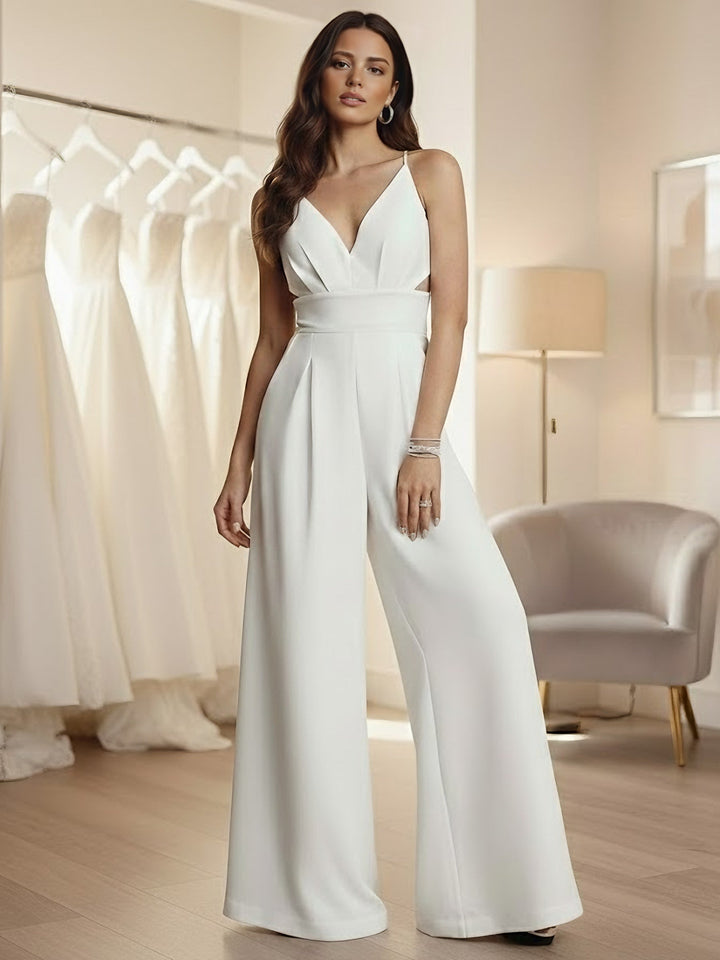 Robe soirée combinaison col V satin stretch bretelles spaghetti sans manches découpes drapé, longueur sol