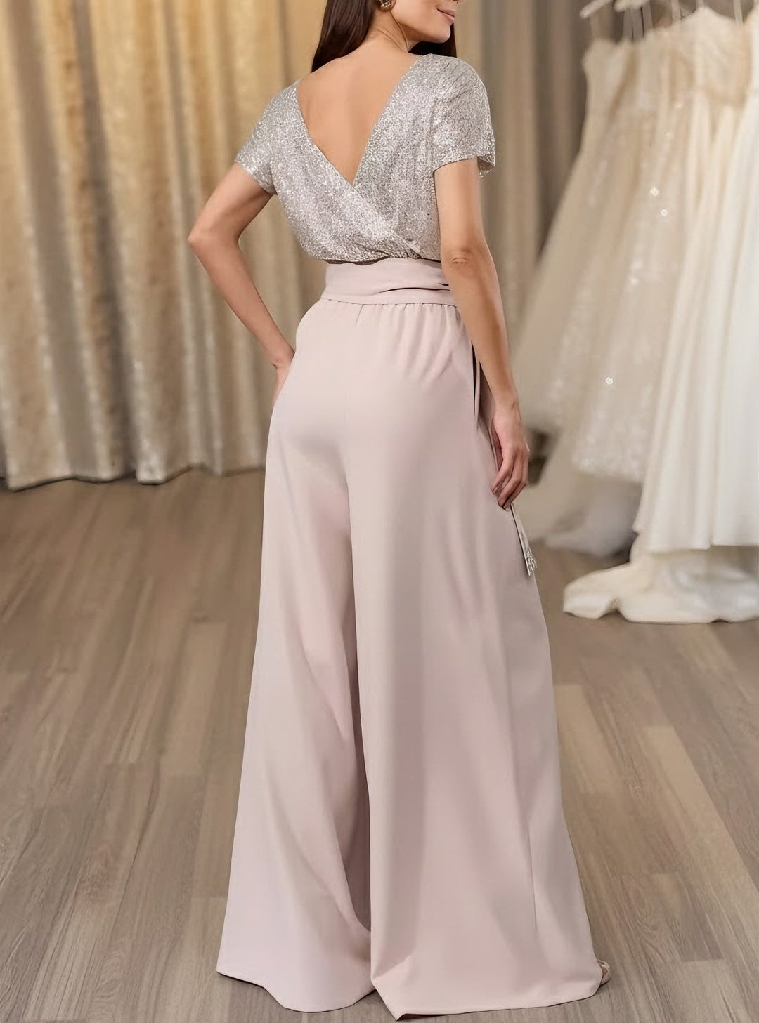 Robe soirée combinaison col rond satin stretch sequins ceinture manches courtes, longueur sol