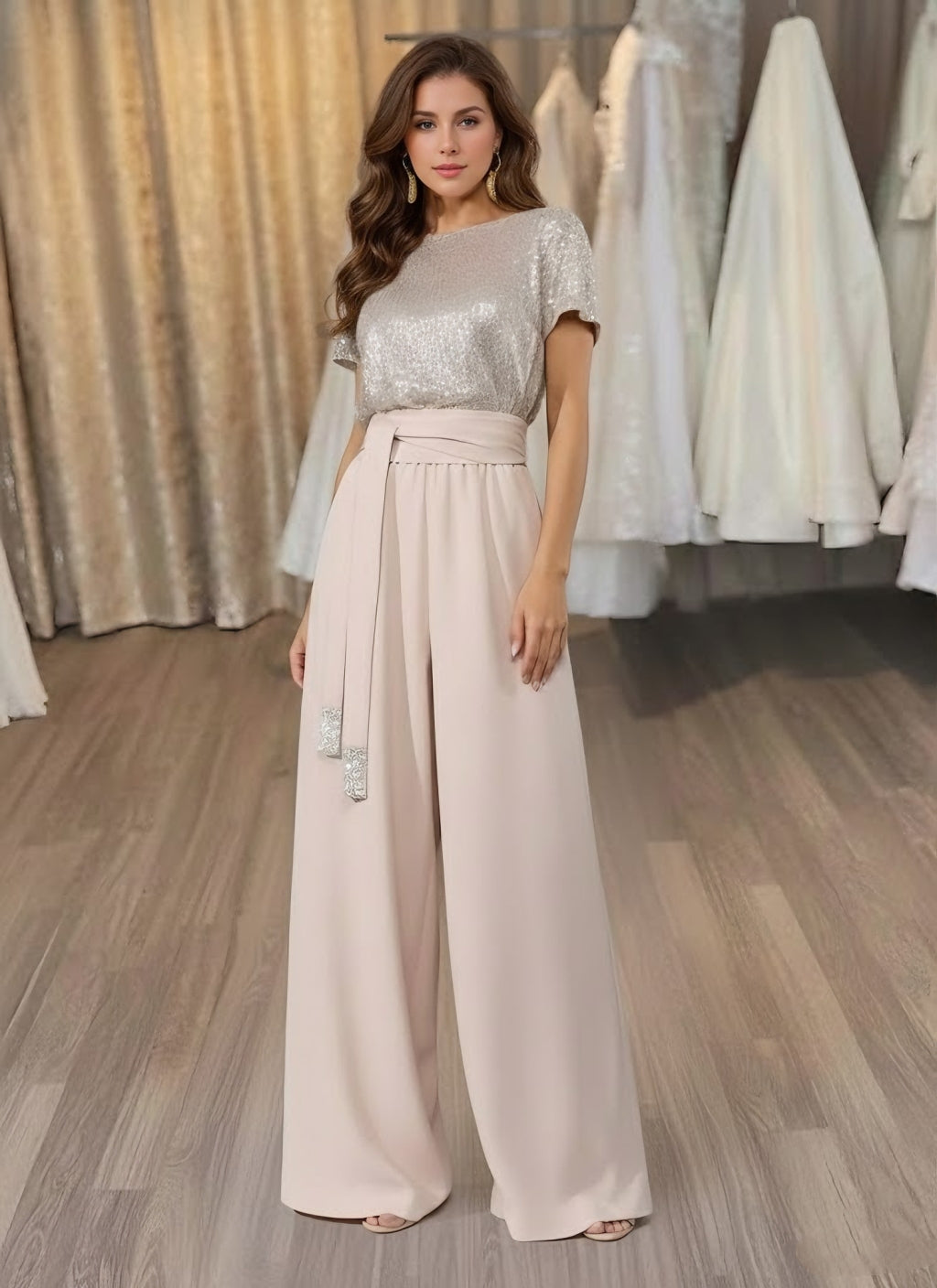 Robe soirée combinaison col rond satin stretch sequins ceinture manches courtes, longueur sol