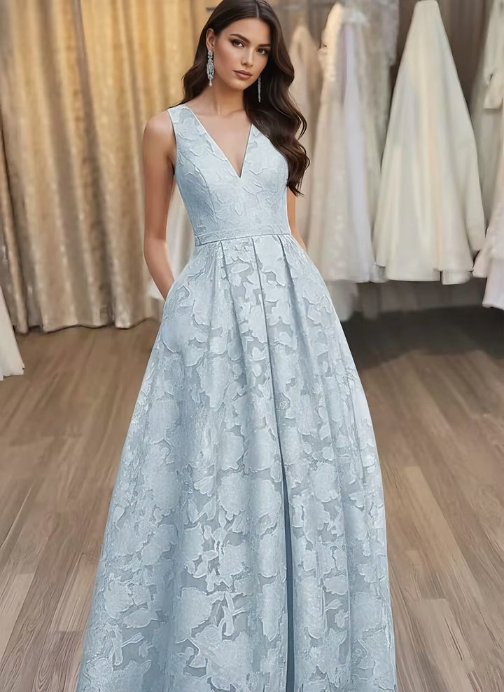 Robe soirée ligne A col V, dentelle florale, sans manches, longueur sol