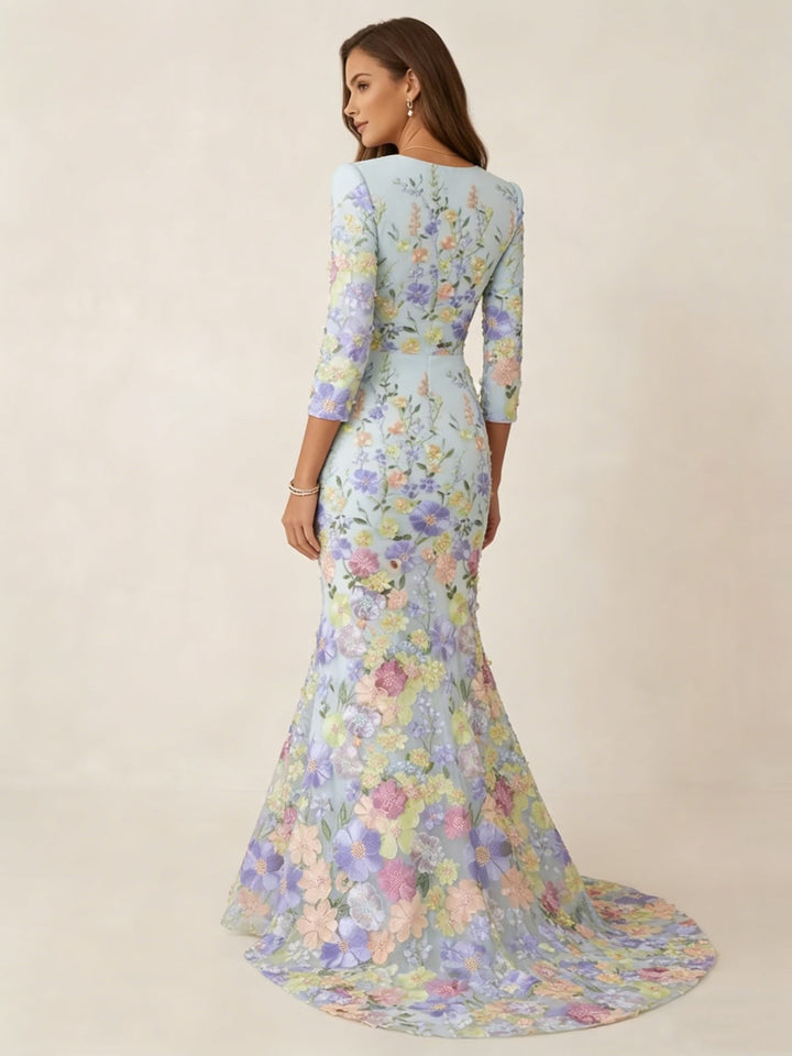 Robe soirée sirène col V, dentelle, broderie florale, manches 3/4, longueur sol