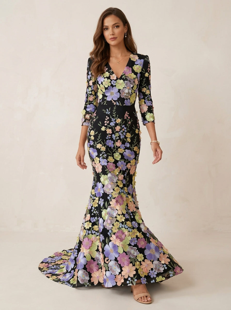 Robe soirée sirène col V, dentelle, broderie florale, manches 3/4, longueur sol