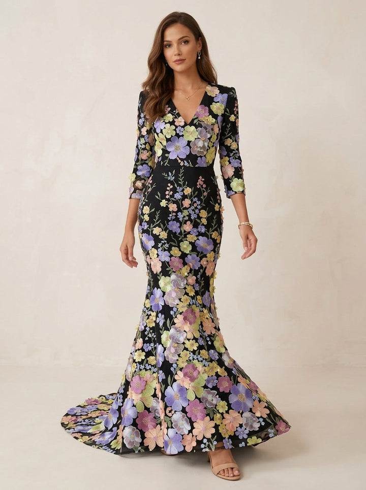Robe soirée sirène col V, dentelle, broderie florale, manches 3/4, longueur sol