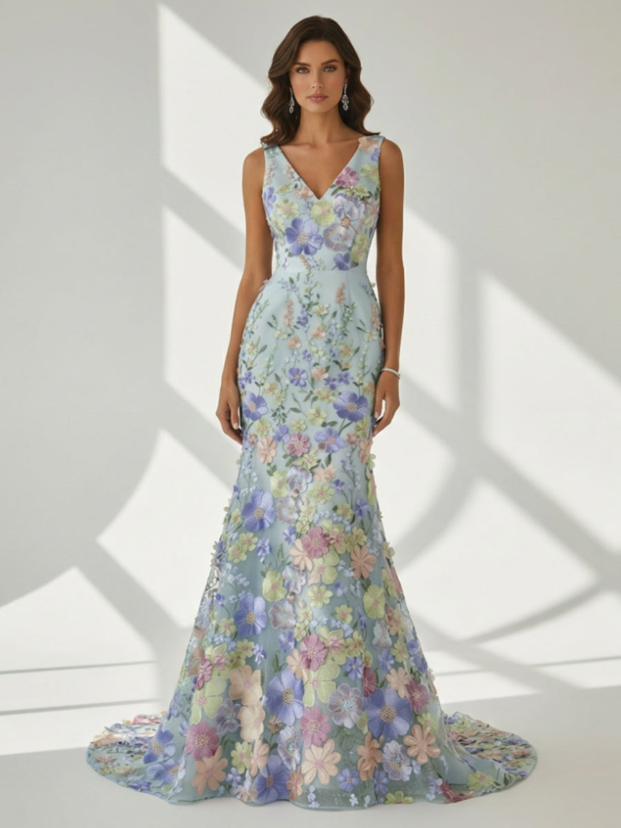 Robe soirée sirène col V, dentelle, broderie florale, sans manches, longueur sol