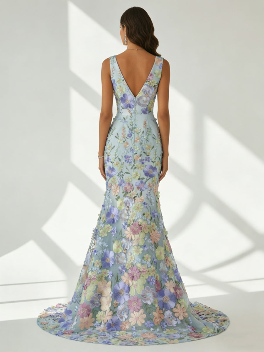 Robe soirée sirène col V, dentelle, broderie florale, sans manches, longueur sol