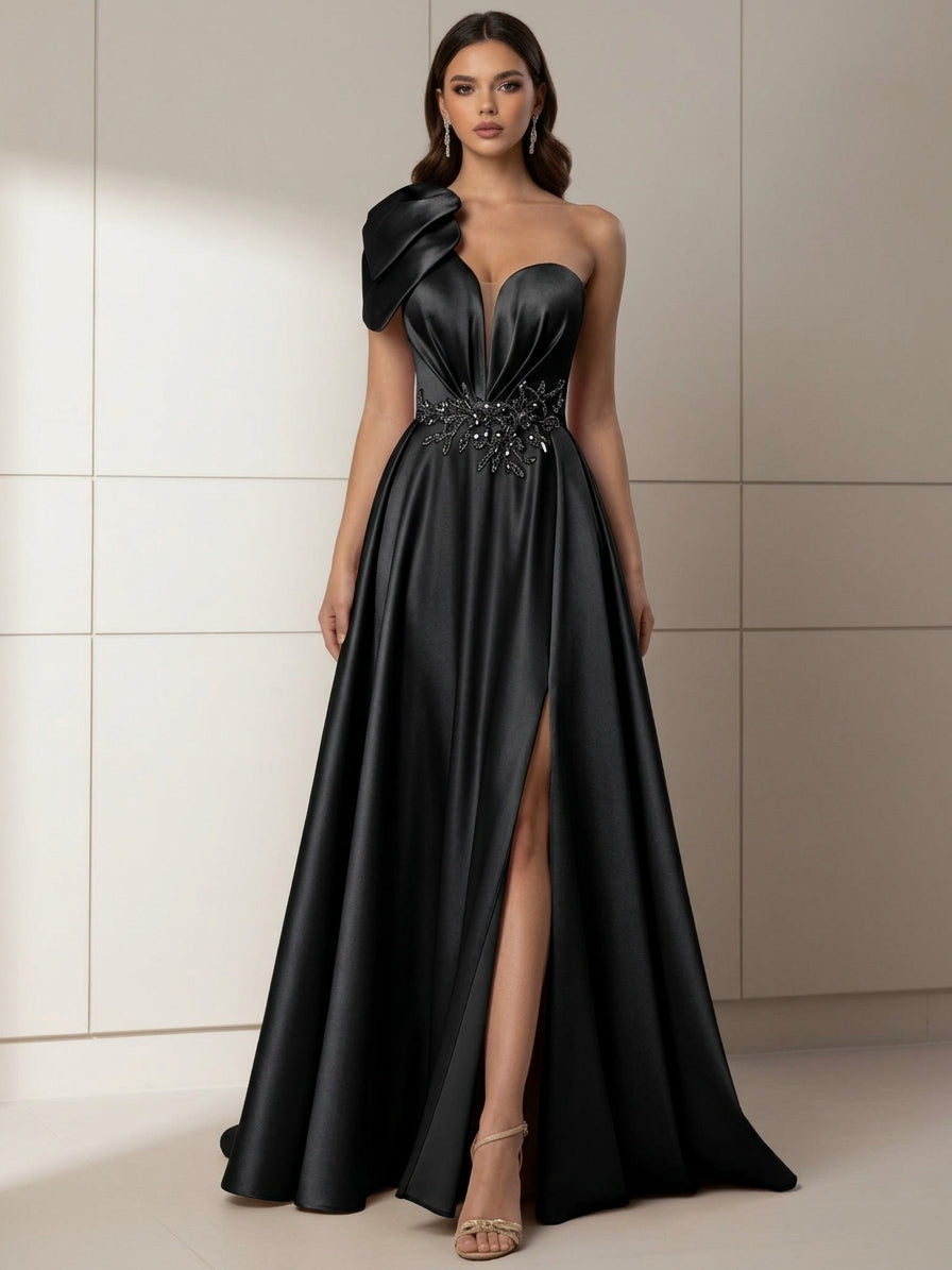 Robe soirée ligne A une épaule, satin, fente latérale, sans manches, perles, longueur sol