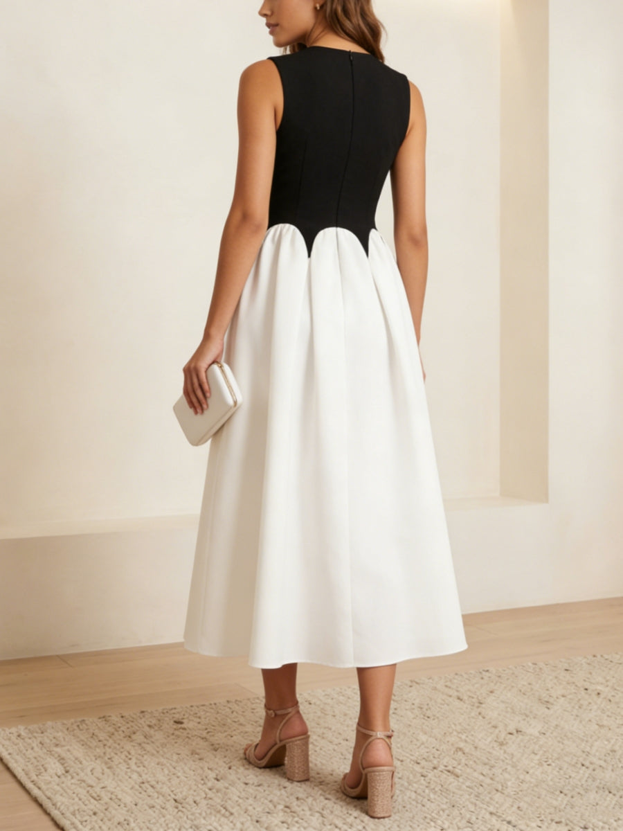 Robe cocktail ligne A col rond, mousseline satin stretch, sans manches, longueur midi