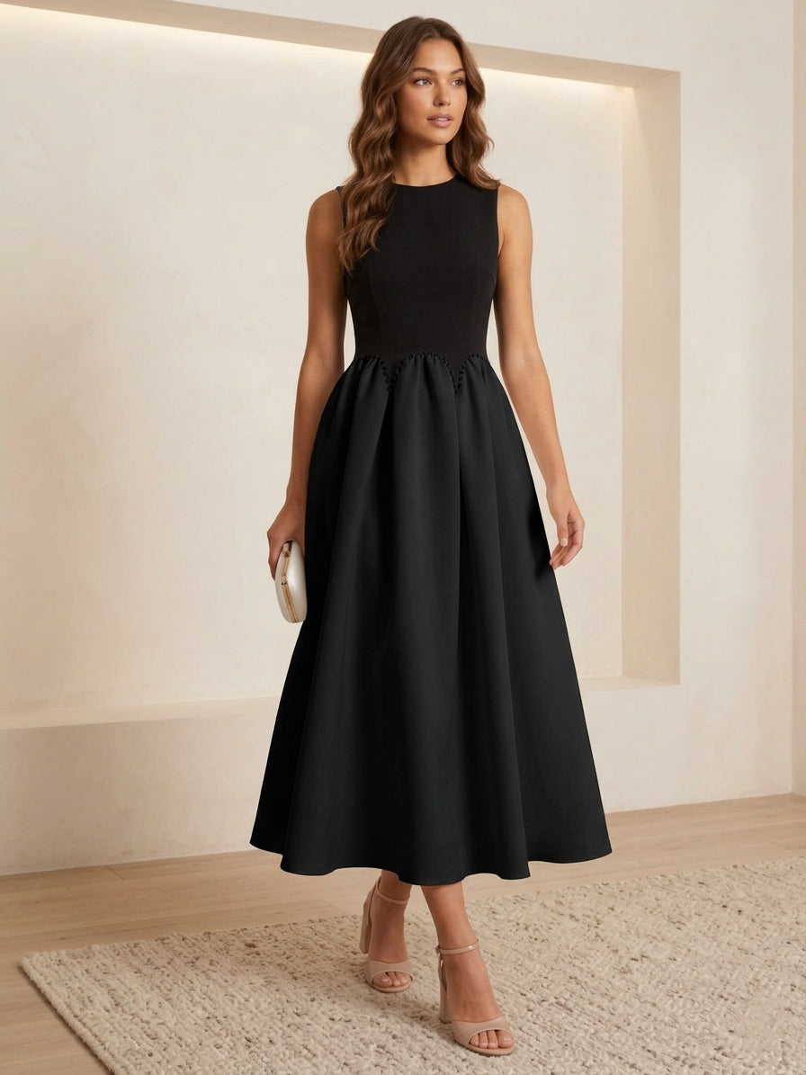 Robe cocktail ligne A col rond, mousseline satin stretch, sans manches, longueur midi