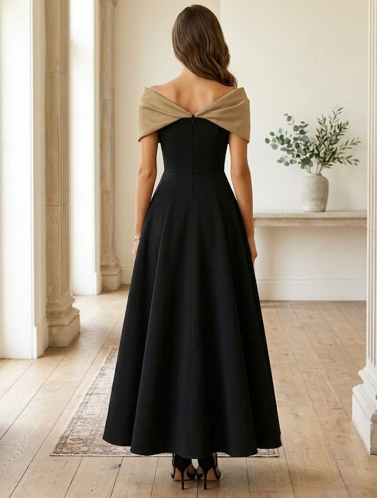 Robe cocktail ligne A manches tombantes, satin stretch, sans manches, longueur cheville