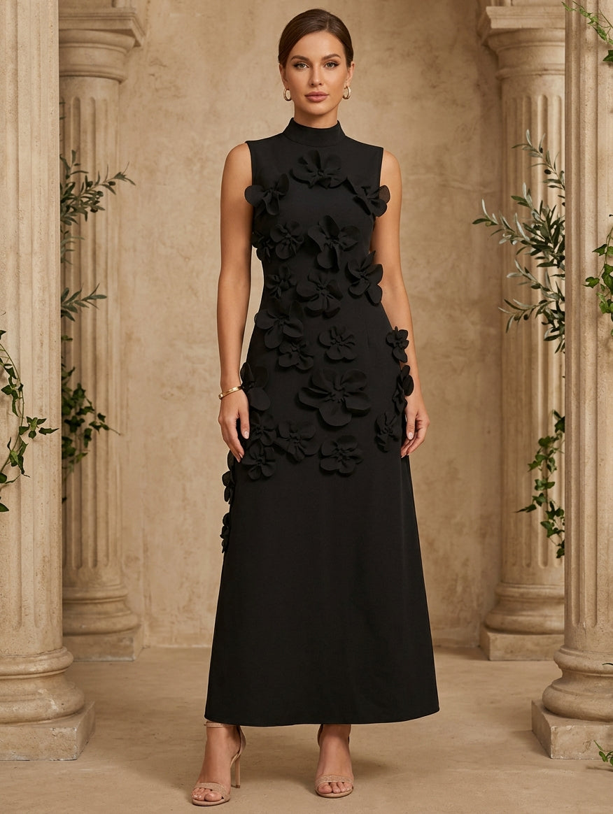 Robe cocktail ligne A col haut, satin stretch, fleurs 3D, sans manches, longueur cheville