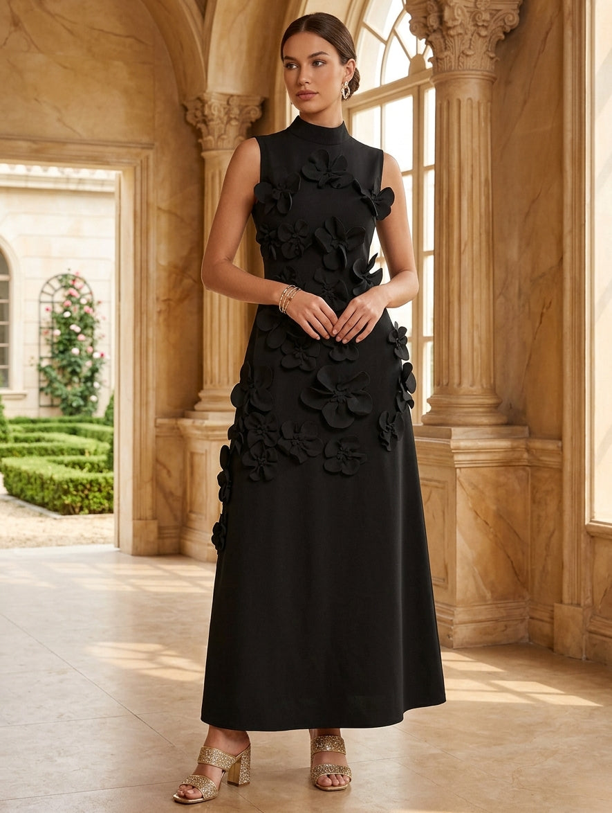 Robe cocktail ligne A col haut, satin stretch, fleurs 3D, sans manches, longueur cheville