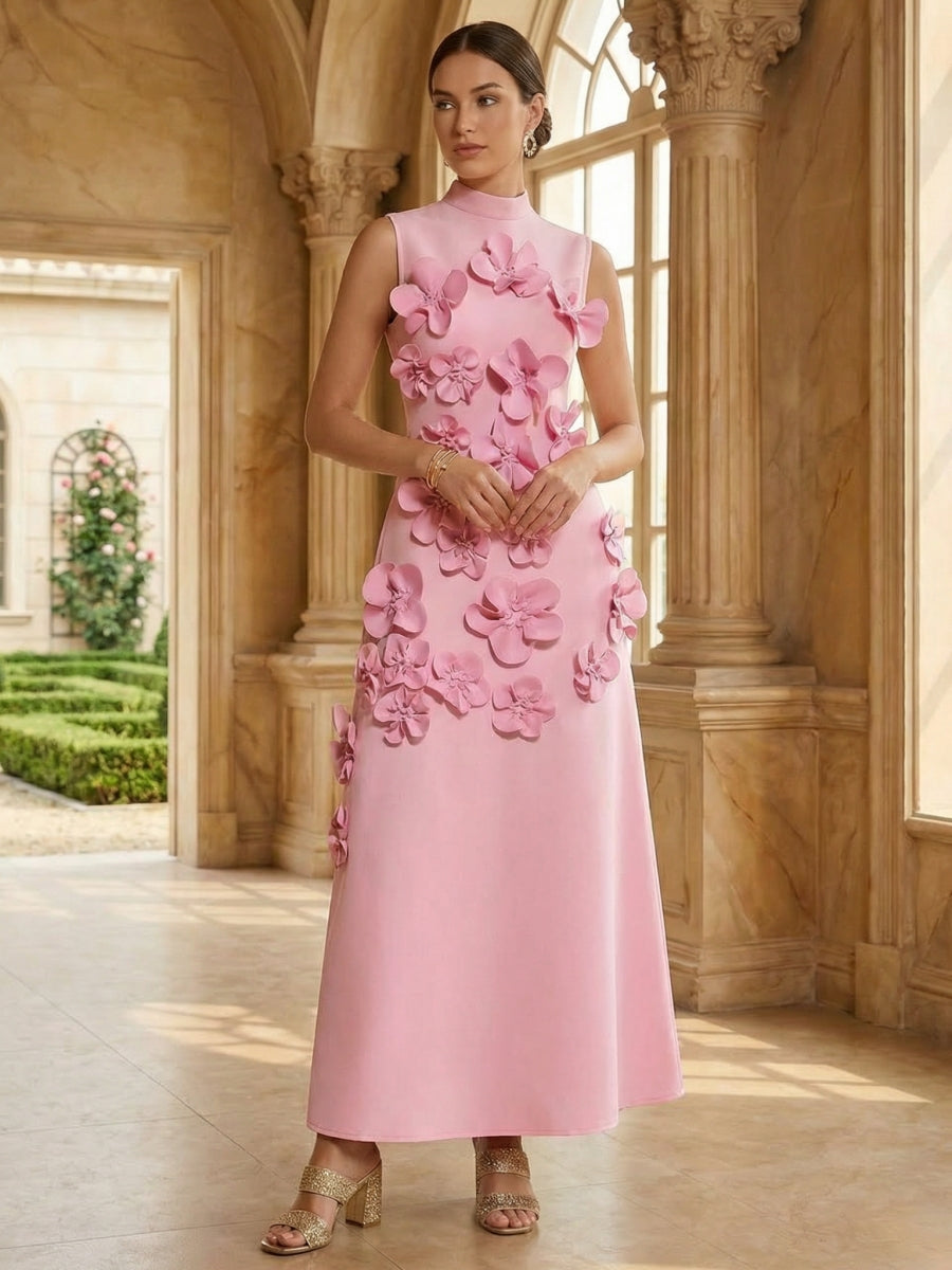 Robe cocktail ligne A col haut, satin stretch, fleurs 3D, sans manches, longueur cheville