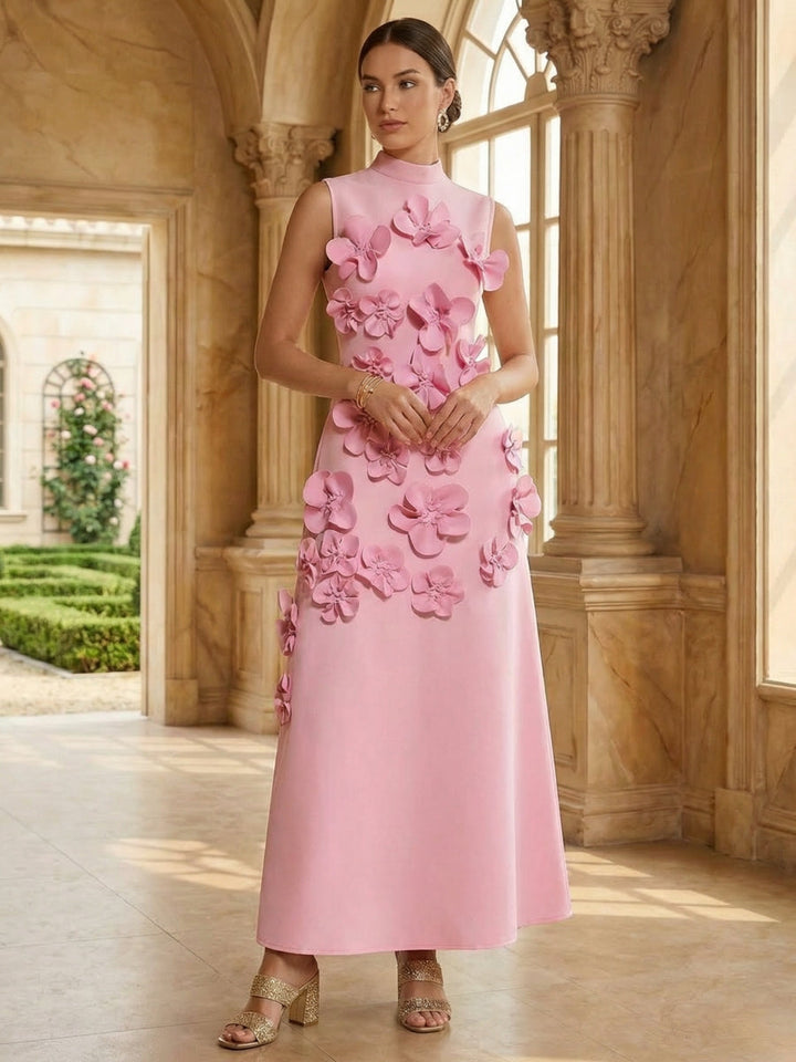 Robe cocktail ligne A col haut, satin stretch, fleurs 3D, sans manches, longueur cheville