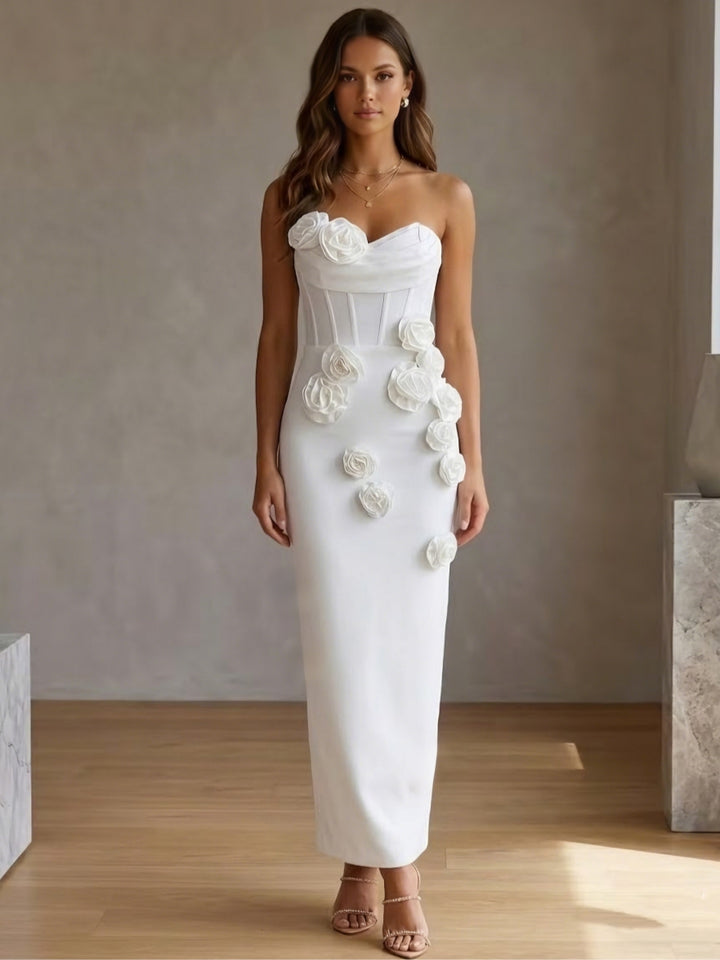 Robes de Cocktail, Gaine/Colonne, Satin Élastique, Sans Bretelles, Sans Manches, Longueur de la Cheville, 3D Fleurs