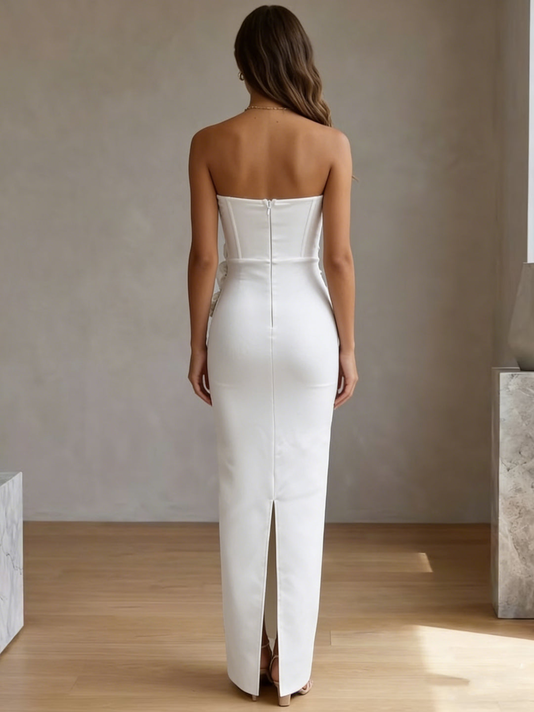 Robes de Cocktail, Gaine/Colonne, Satin Élastique, Sans Bretelles, Sans Manches, Longueur de la Cheville, 3D Fleurs