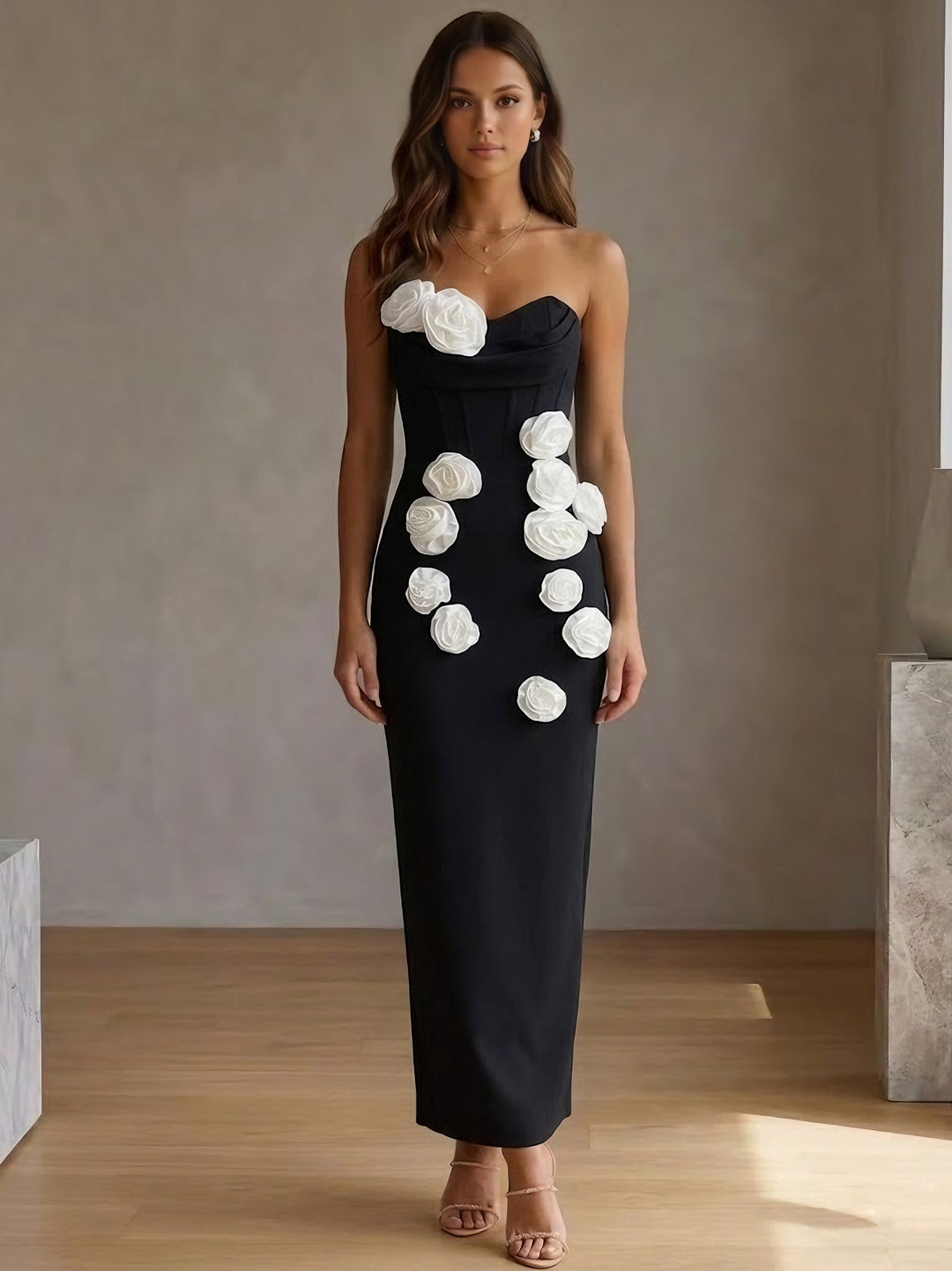 Robes de Cocktail, Gaine/Colonne, Satin Élastique, Sans Bretelles, Sans Manches, Longueur de la Cheville, 3D Fleurs