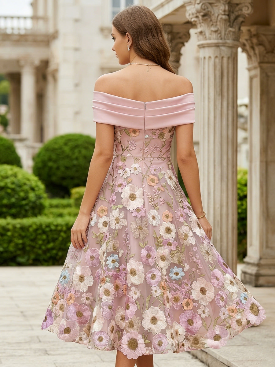 Robe Cocktail, Ligne A/Princesse, Hors de l'épaule, Sans Manches, Longueur du Thé, Dentelle, Satin, Florale