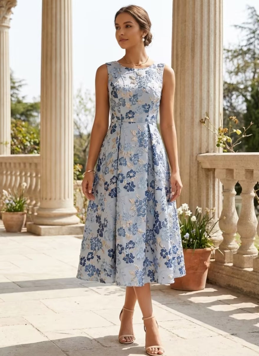 Robe Cocktail, Ligne A/Princesse, Col Rond, Sans Manches, Longueur du Thé, Jacquard, Florale