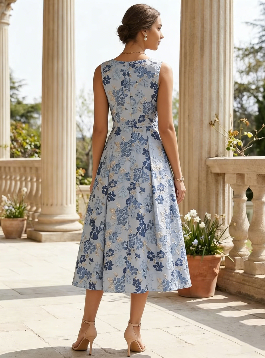 Robe Cocktail, Ligne A/Princesse, Col Rond, Sans Manches, Longueur du Thé, Jacquard, Florale