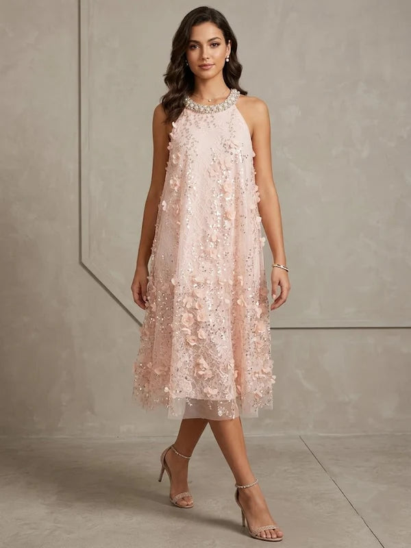 Robe d'Invitée de Mariage Ligne A/Princesse en Dentelle à Col Halter Longueur Midi Sans Manches avec Fleurs 3D