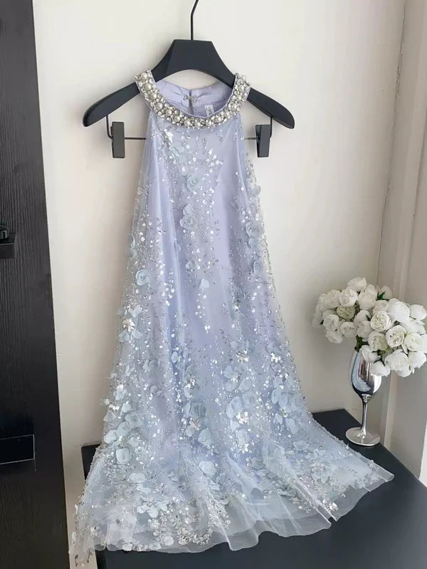 Robe d'Invitée de Mariage Ligne A/Princesse en Dentelle à Col Halter Longueur Midi Sans Manches avec Fleurs 3D