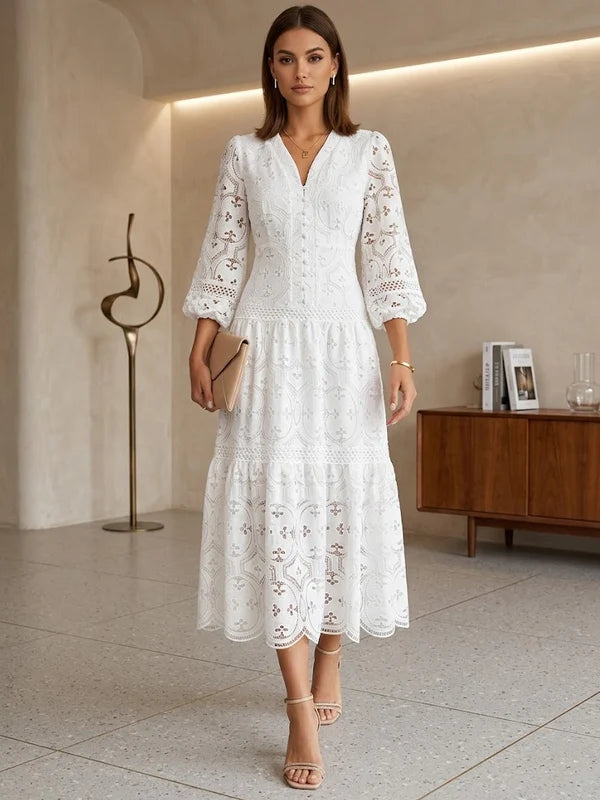 Robe Florale d'Invitée de Mariage Ligne A/Princesse Col V en Dentelle Longueur Midi avec Manches 3/4