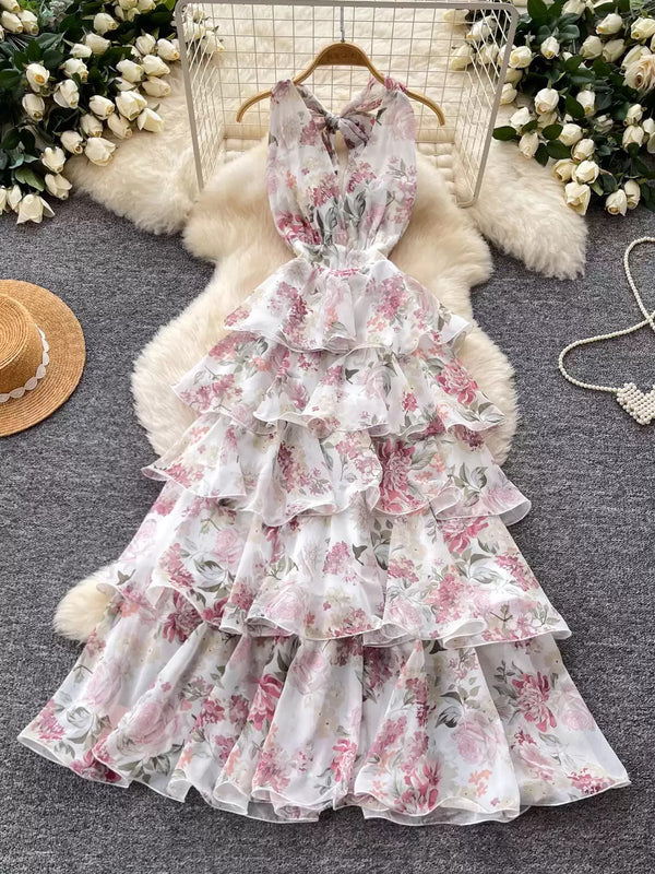 Robe Florale d'Invitée de Mariage en Mousseline Ligne A/Princesse à Col V Longueur Midi Sans Manches à Volants
